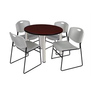 Kee 42&quot Round Breakroom Table- Mahogany/ Chrome & 4 Zeng Stack Chairs- Grey