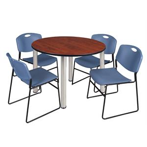 Kee 48&quot Round Breakroom Table- Cherry/ Chrome & 4 Zeng Stack Chairs- Blue