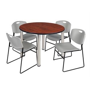 Kee 48&quot Round Breakroom Table- Cherry/ Chrome & 4 Zeng Stack Chairs- Grey