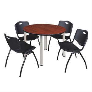 Kee 48&quot Round Breakroom Table- Cherry/ Chrome & 4 'M' Stack Chairs- Black
