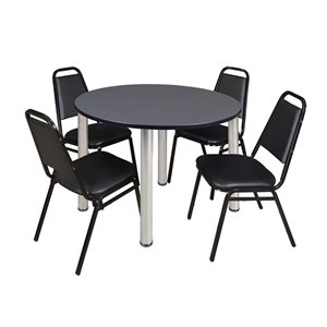 Kee 48&quot Round Breakroom Table- Grey/ Chrome & 4 Restaurant Stack Chairs- Black