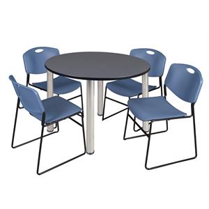 Regency Kee 48&quot Round Breakroom Table- Grey/ Chrome & 4 Zeng Stack Chairs- Blue