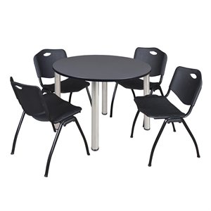 Regency Kee 48&quot Round Breakroom Table- Grey/ Chrome & 4 'M' Stack Chairs- Black