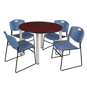 Kee 48&quot Round Breakroom Table- Mahogany/ Chrome & 4 Zeng Stack Chairs- Blue