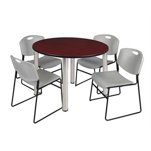 Kee 48&quot Round Breakroom Table- Mahogany/ Chrome & 4 Zeng Stack Chairs- Grey