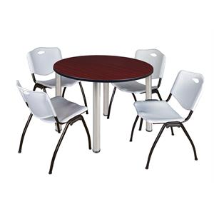 Kee 48&quot Round Breakroom Table- Mahogany/ Chrome & 4 'M' Stack Chairs- Grey