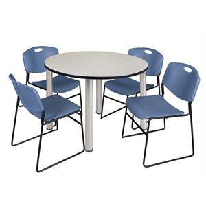 Kee 48&quot Round Breakroom Table- Maple/ Chrome & 4 Zeng Stack Chairs- Blue