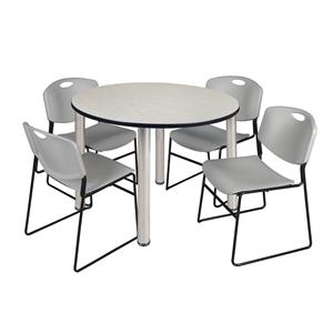 Kee 48&quot Round Breakroom Table- Maple/ Chrome & 4 Zeng Stack Chairs- Grey