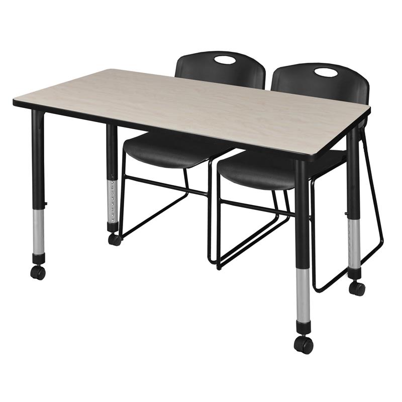 Kee 48in. Adjustable Mobile Classroom Table - Maple & 2 Zeng Chairs- Black