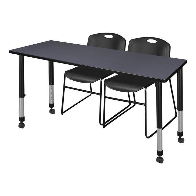 Kee 48in. Square Adjustable Mobile Table-Grey & 4 Andy 12-in Stack Chairs-Blue
