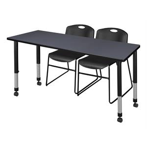 Kee 48in. Square Adjustable Mobile Table-Grey & 4 Andy 12-in Stack Chairs-Blue