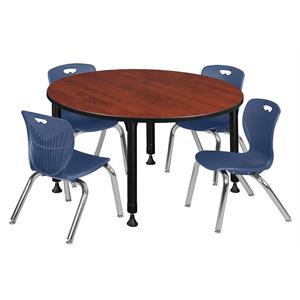 Kee 48in. Round Adjustable Mobile Table-Cherry & 4 Andy 12-in Chairs-Blue