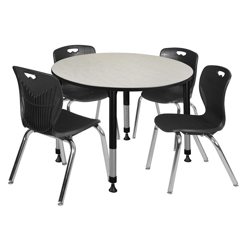 Kee 48in. Round Adjustable Mobile Table-Maple & 4 Andy 12-in Chairs-Blue