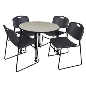 Kee 42in. Round Adjustable Mobile  Table-Maple & 4 Zeng Stack Chairs-Black