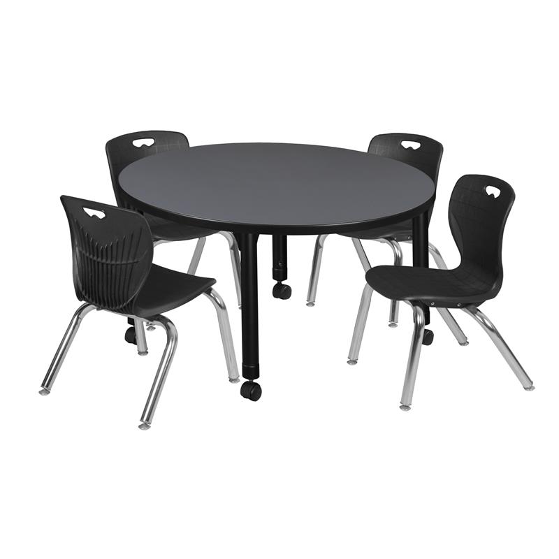 Kee 48in. Round Adjustable Mobile  Table-Brown & 4 Zeng Stack Chairs-Black