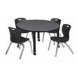 Kee 48in. Round Adjustable Mobile  Table-Brown & 4 Zeng Stack Chairs-Black