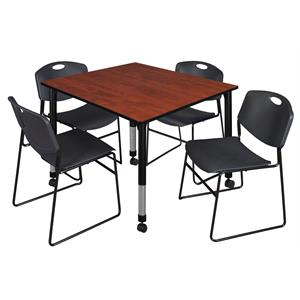 Kee 48in. Square Adjustable Mobile  Table-Cherry & 4 Zeng Stack Chairs-Black