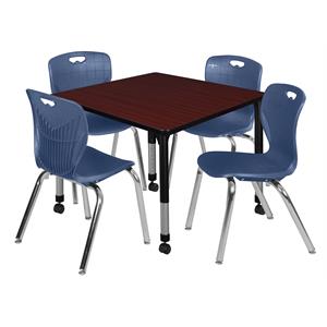 kee 48in. round adjustable  table-espresso & 4 andy 12-in stack chairs-blue