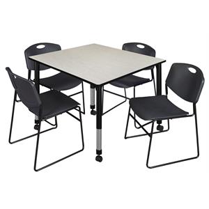 kee 48in. square adjustable mobile  table-maple & 4 zeng stack chairs-black