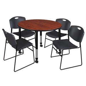 kee 48in. round adjustable mobile  table-cherry & 4 zeng stack chairs-black