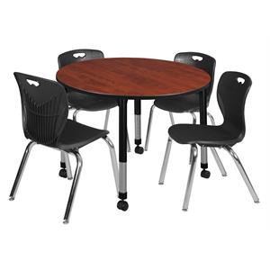 kee 48in. round adjustable  table-cherry & 4 andy 18-in stack chairs-black