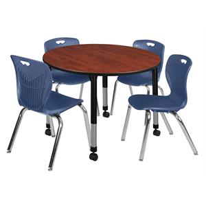 kee 48in. round adjustable  table-cherry & 4 andy 18-in stack chairs-blue