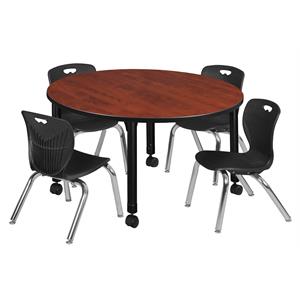kee 48in. round adjustable  table-cherry & 4 andy 12-in stack chairs-black