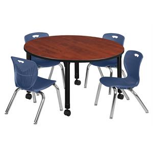 kee 48in. round adjustable  table-cherry & 4 andy 12-in stack chairs-blue