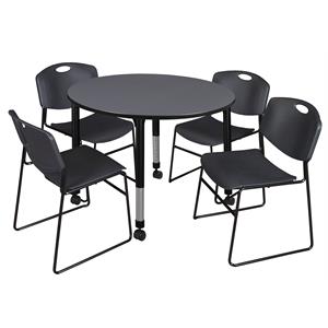 kee 48in. round adjustable mobile  table-grey & 4 zeng stack chairs-black