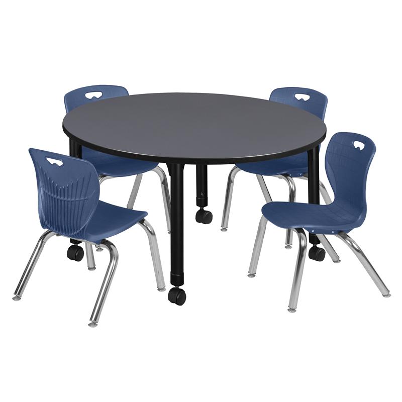 Kee 48in. Round Adjustable Student Table-Grey & 4 Andy 12-in Stack Chairs-Blue