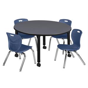 Kee 48in. Round Adjustable Student Table-Grey & 4 Andy 12-in Stack Chairs-Blue