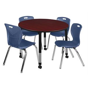 kee 48in. round adjustable student table-brown & 4 andy 18-in  chairs-blue