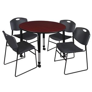 kee 48in. round adjustable mobile  table-brown & 4 zeng stack chairs-black