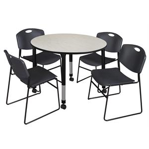 kee 48in. round adjustable mobile  table-maple & 4 zeng stack chairs-black