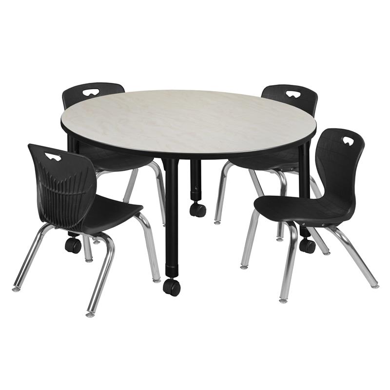 Kee 48in. Round Adjustable  Table-Maple & 4 Andy 12-in Stack Chairs-Black