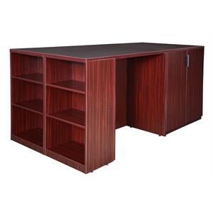 legacy stand up 2 storage cabinet/ 2 desk quad with bookcase end- mahogany