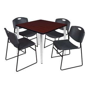 36&quot Sq Breakroom Table- Mahogany Top- Chrome Base & 4 Zeng Stack Chairs- Black