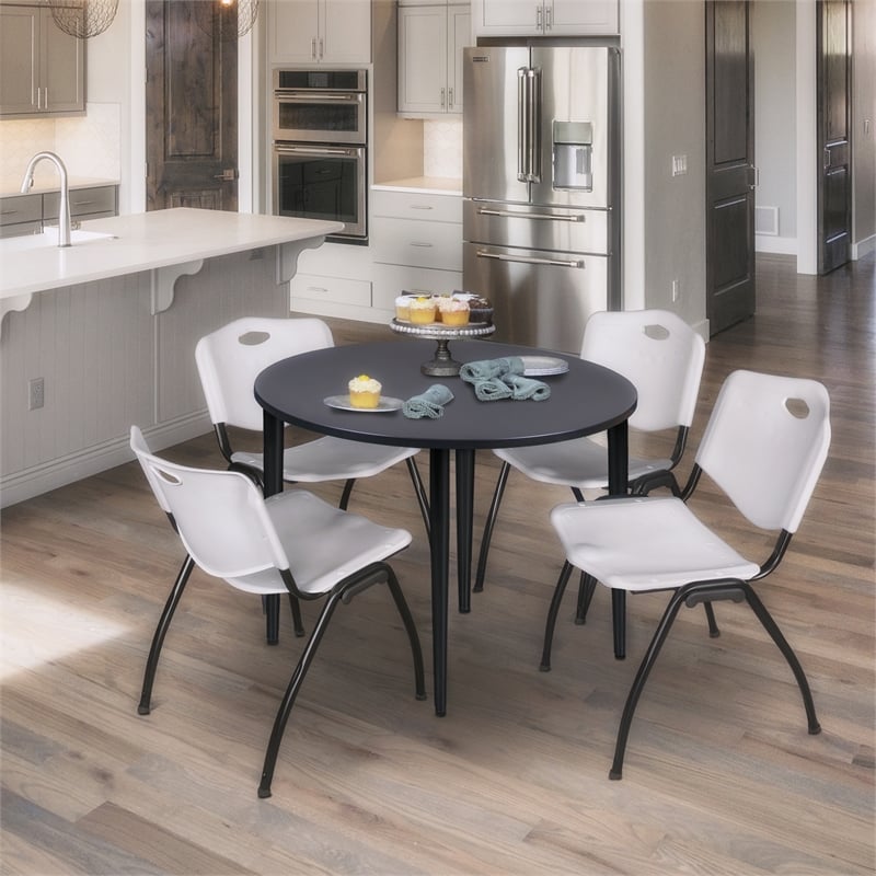 Kahlo 36 in. Round Breakroom Table- Grey Top- Black Base & 4 Stack Chairs- Grey