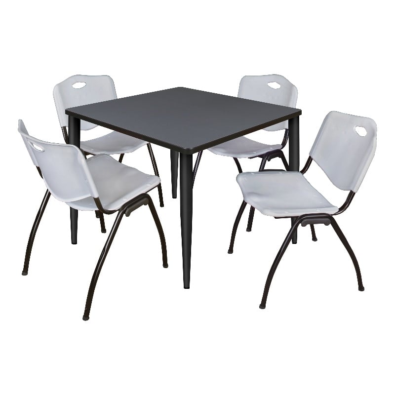 Kahlo 42 in. Square Breakroom Table- Grey Top- Black Base & 4 Stack Chairs- Grey