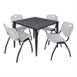 Kahlo 42 in. Square Breakroom Table- Grey Top- Black Base & 4 Stack Chairs- Grey