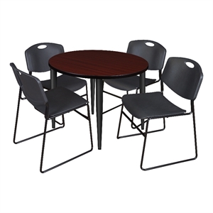36&quot Round Breakroom Table- Mahogany Top- Black Base & 4 Zeng Stack Chairs- Black