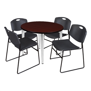 36&quot Rnd Breakroom Table- Mahogany Top- Chrome Base & 4 Zeng Stack Chairs- Black