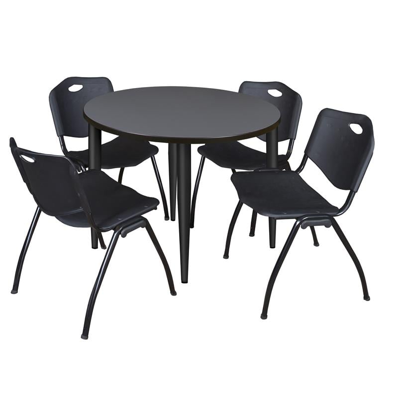 Kahlo 42 in. Round Breakroom Table- Grey Top- Black Base & 4 Stack Chairs- Black