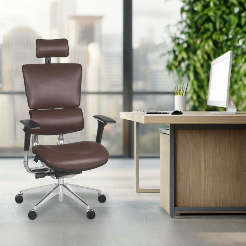 Omega Ergonomic Leather Executive Office Chair with Headrest/Adjustable Lumbar Support - Chocolate