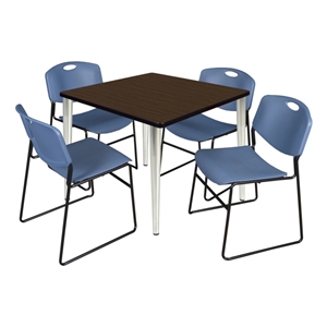 Regency Kahlo 42&quot Square Breakroom Table-Walnut/Chrome/4 Zeng Stack Chairs-Blue