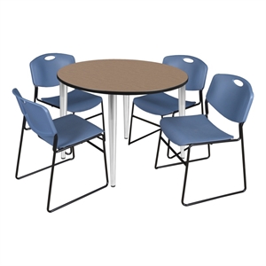 Regency Kahlo 48&quot Round Breakroom Table-Oak/Chrome/4 Zeng Stack Chairs-Blue
