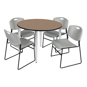 Regency Kahlo 48&quot Round Breakroom Table-Oak/Chrome/4 Zeng Stack Chairs-Grey