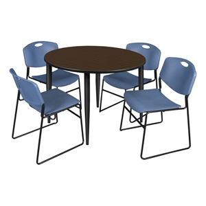 Regency Kahlo 48&quot Round Breakroom Table-Neo Walnut/Blck/4 Zeng Stack Chairs-Blue