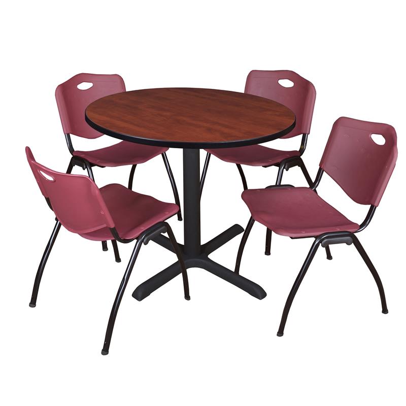 Regency Round Lunchroom Table And 4 Burgundy M Stack Chairs In Cherry