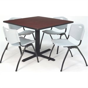 Regency Square Lunchroom Table and 4 Grey M Stack Chairs in Mahogany